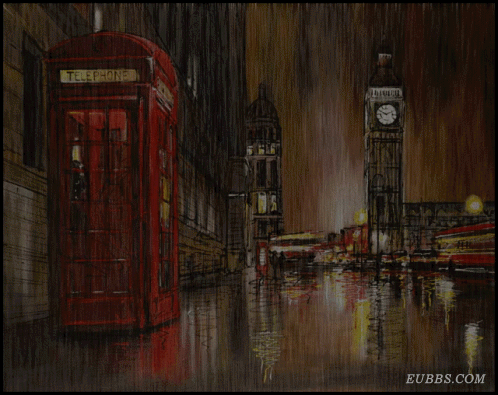下雨天的英国伦敦大本钟（Big Ben）夜晚GIF动态图片