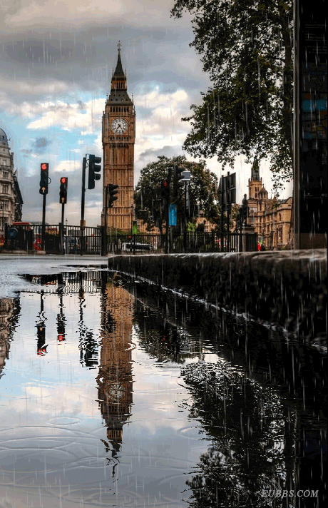 下雨天的英国伦敦大本钟（Big Ben）GIF动态图片